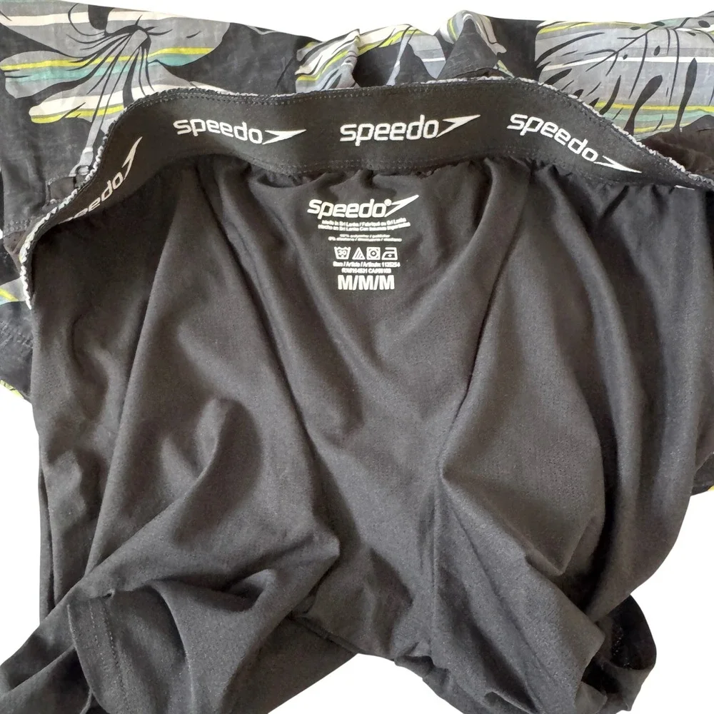 Speedo Men's Swim Trunks M Floral Black Aqua‎ Blue Board Shorts Quick Dry